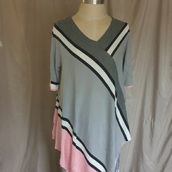 NY Collection Pink & Grey Strip Short Sleeve Asymmetrical Sweater Poncho Sz Md - Picture 4 of 15